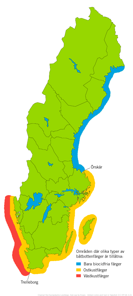 En kart över Sverige med markeringar över våra kuster som visar vilka olika båtbottenfärger som är tillåtna vid de olika kusterna.