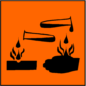 Farosymbol för Frätande, enligt Kemikalieinspektionens föreskrifter.