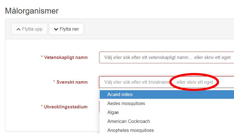 Instructional screensshot: Alternative 1:Choose a word or sentence from the picklist for Swedish name, Svenskt namn.
