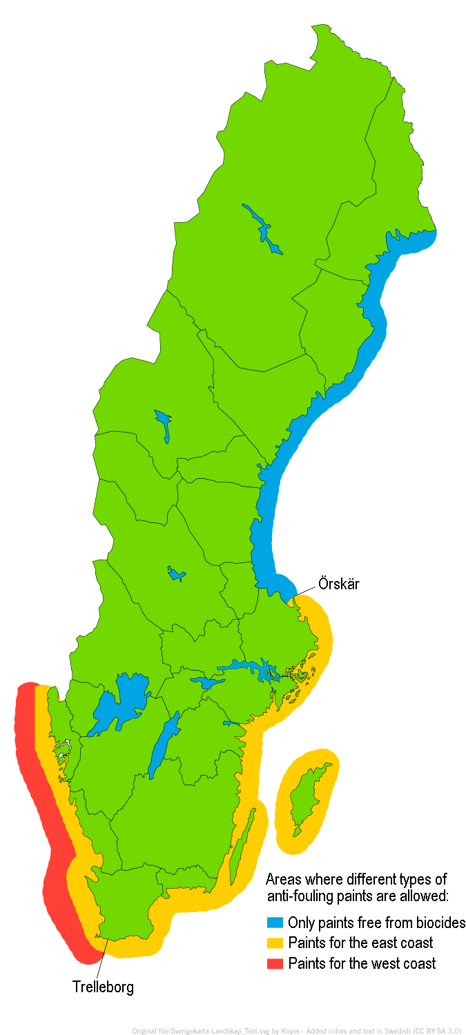 Map of areas in Sweden where different types of anti-fouling paints are allowed.