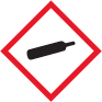 Faropictogram för gas under tryck, en svart gasbehållare inramad med ett rödfärgat pictogram