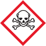 Faropictogram för akut giftig, en dödskalle inramat med ett rött pictogram