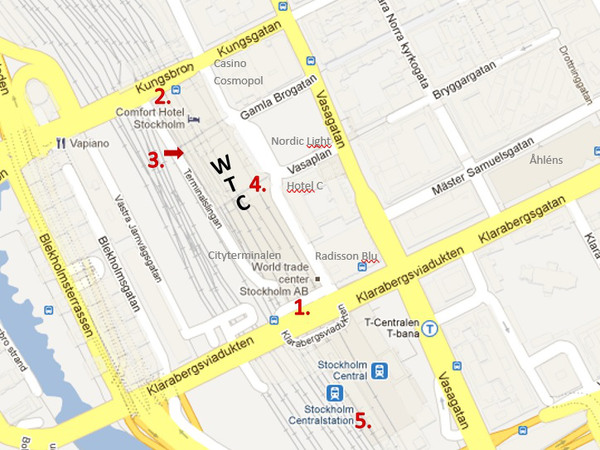 Karta för att hItta de olika ingångarna på WTC Stockholm.