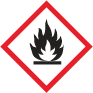 Faropiktogrammet "Brandfarlig". En eldslåga tecknad i  svart mot vit bakgrund och en röd bård.