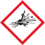 Piktogrammet "Explosiv". En cirkel som exploderar är tecknad i svart mot vit bakgrund med en röd bård runtom.